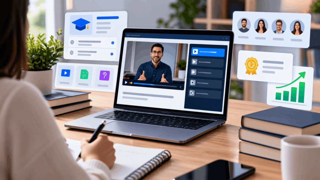 Online course platform dashboard with video lessons and student progress analytics