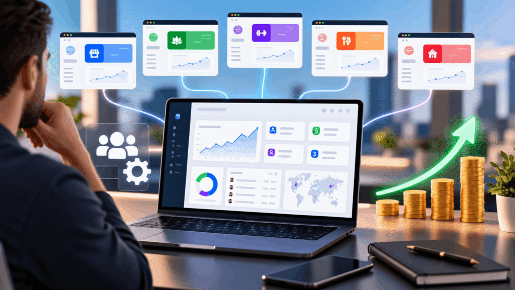 Business automation dashboard showing analytics, integrations, and revenue growth