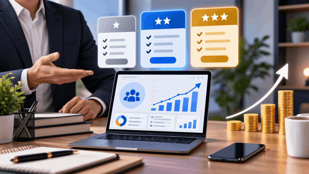 Business growth analytics dashboard with customer ratings and revenue increase
