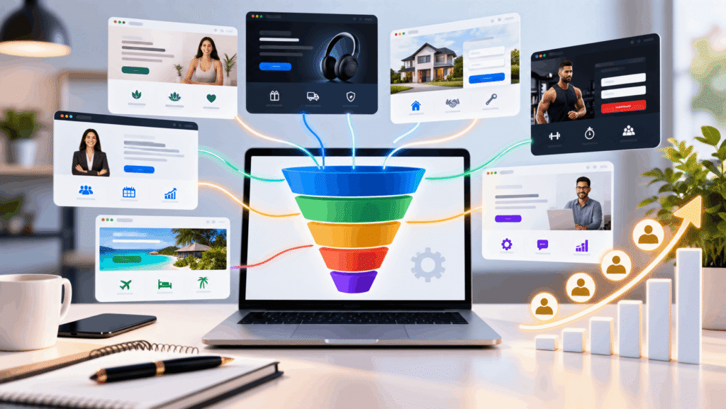 Digital marketing funnel showing website traffic and lead generation growth
