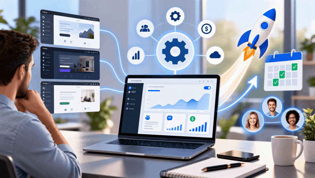 Business automation dashboard with analytics, growth, and workflow management