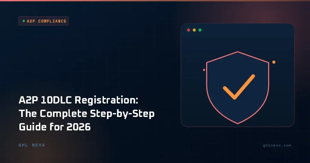 A2P 10DLC Registration: The Complete Step-by-Step Guide for 2026 – A2P Compliance illustration by GHL Nexa