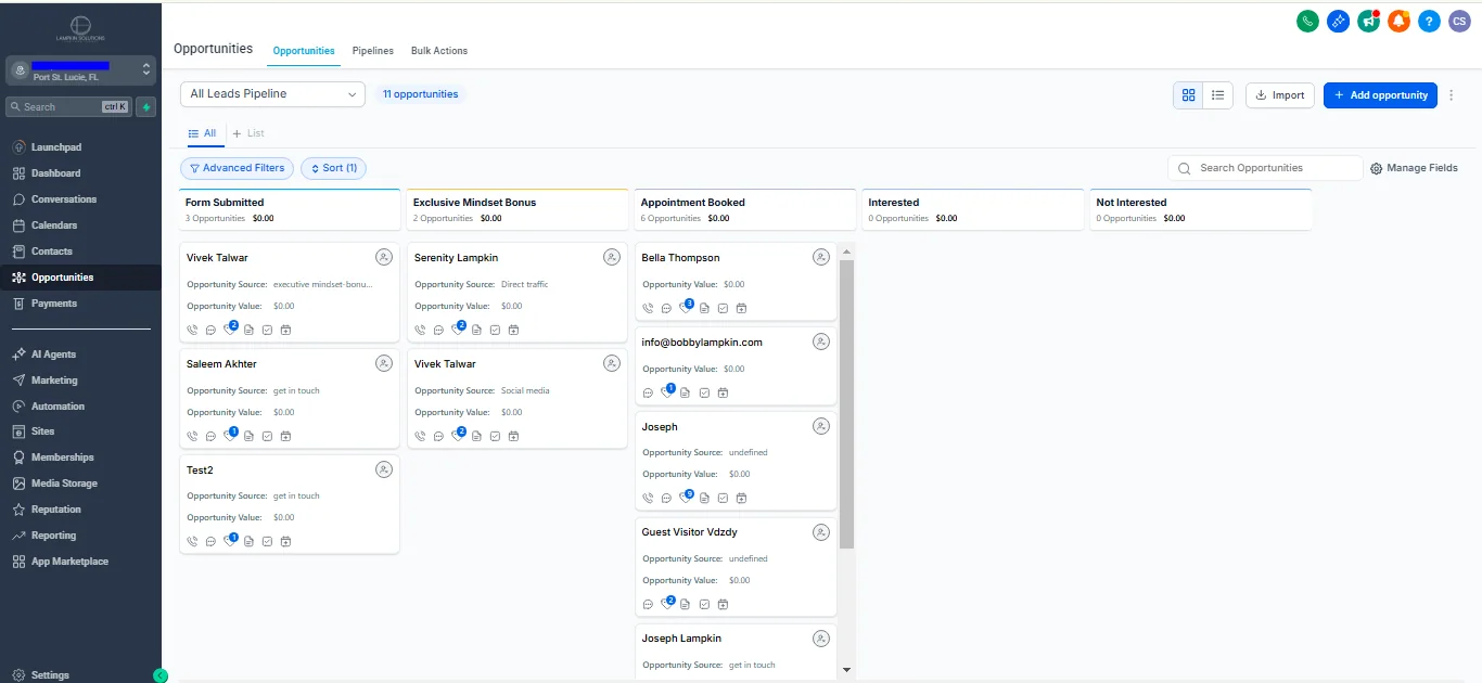 GHL opportunity pipeline dashboard with lead stages and contacts